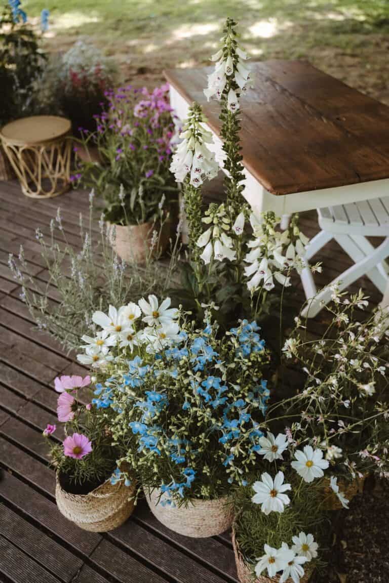 Natürliche Blumendekoration mit Sommerblumen für eine Outdoor Hochzeit in persönlichem Rahmen