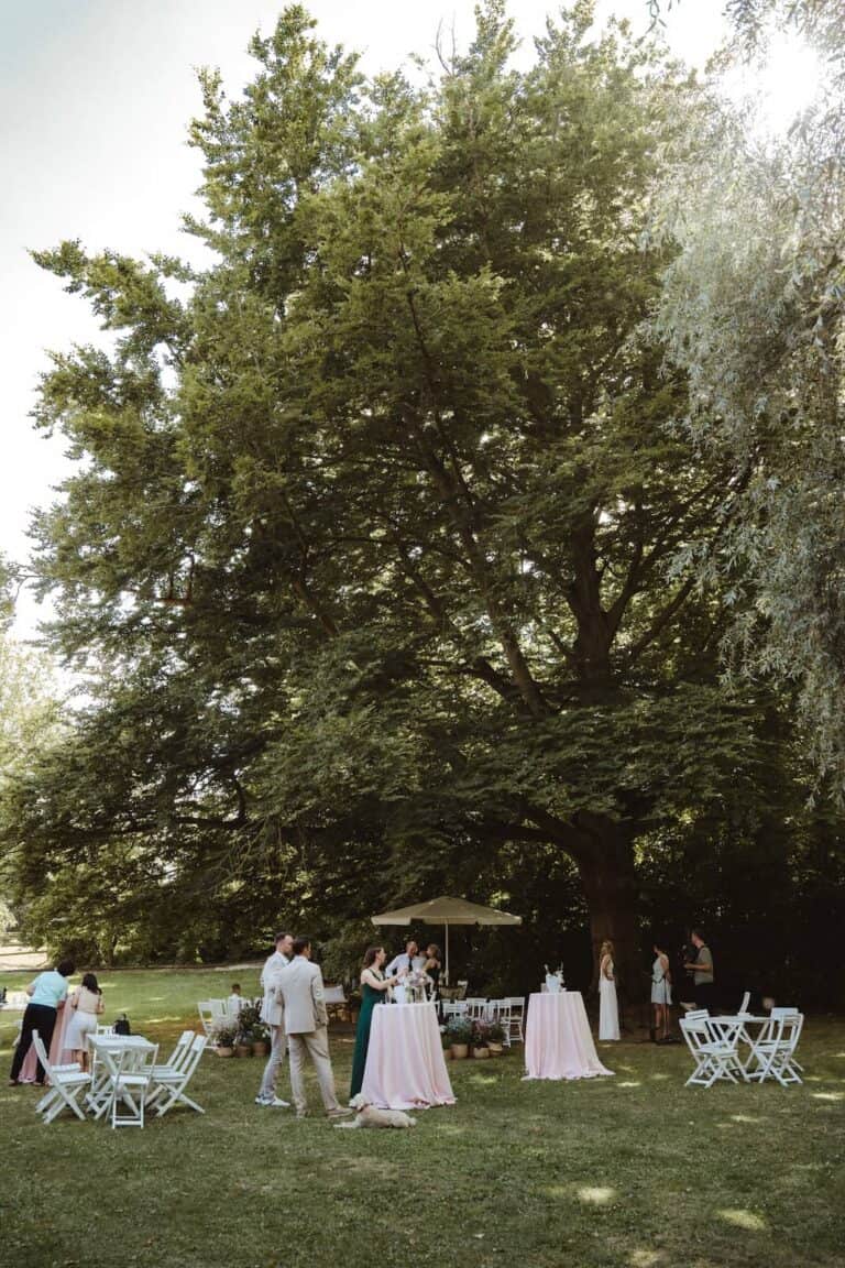 Sektempfang bei einer Gartenhochzeit unter großen Bäumen – entspannt geplantes Hochzeitsfest