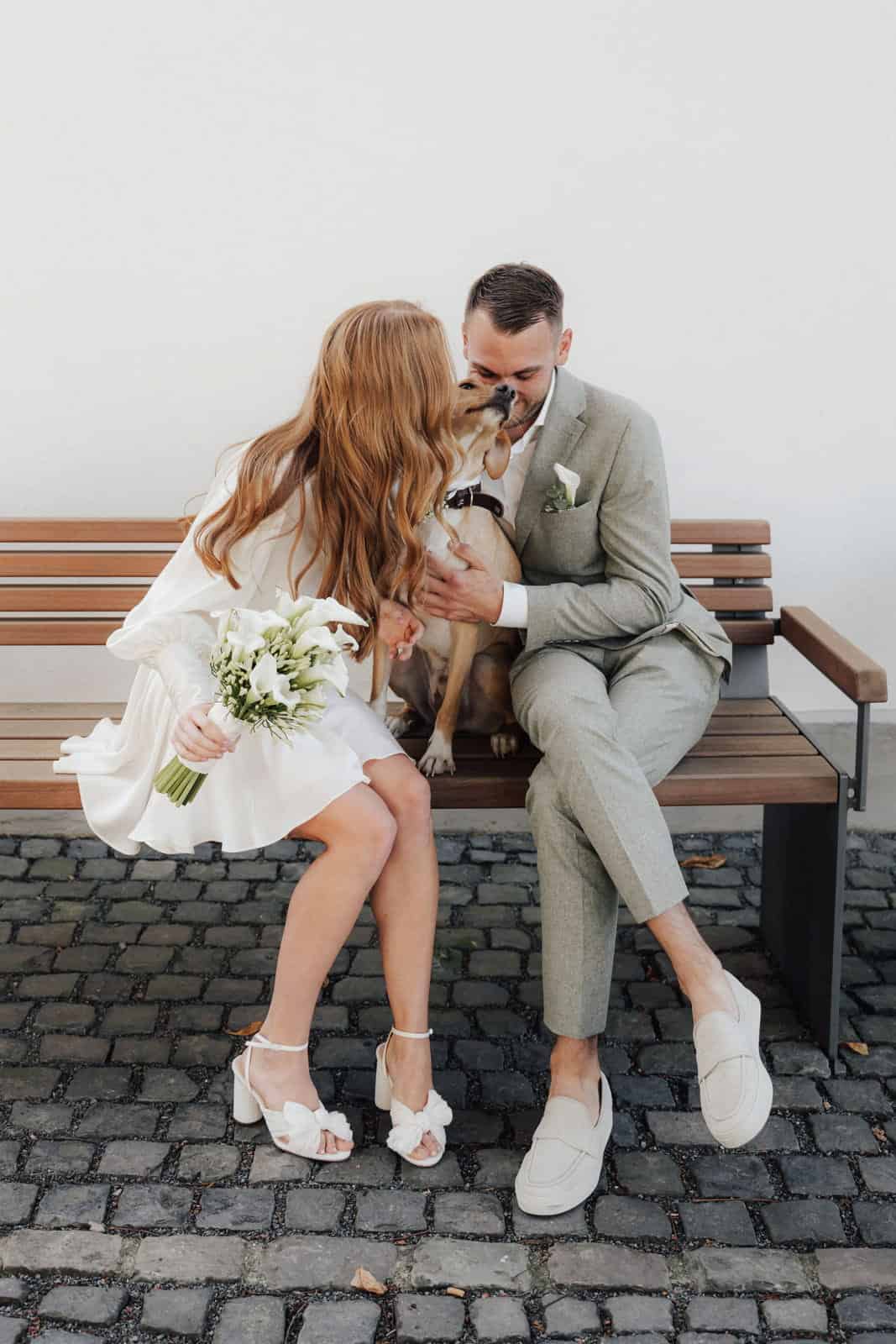 Modernes Brautpaar mit Hund bei einer entspannten, persönlich geplanten Hochzeit
