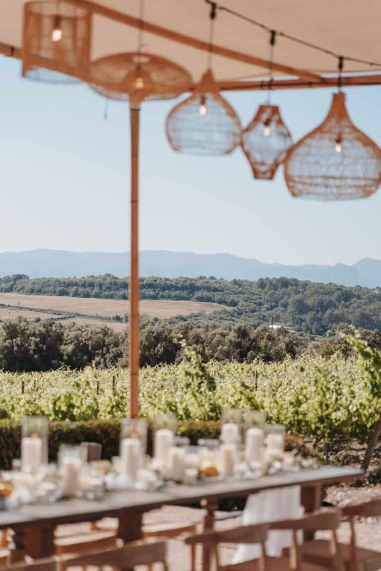 Lange Tafel unter freiem Himmel bei einem Wedding Weekend inmitten von Weinbergen